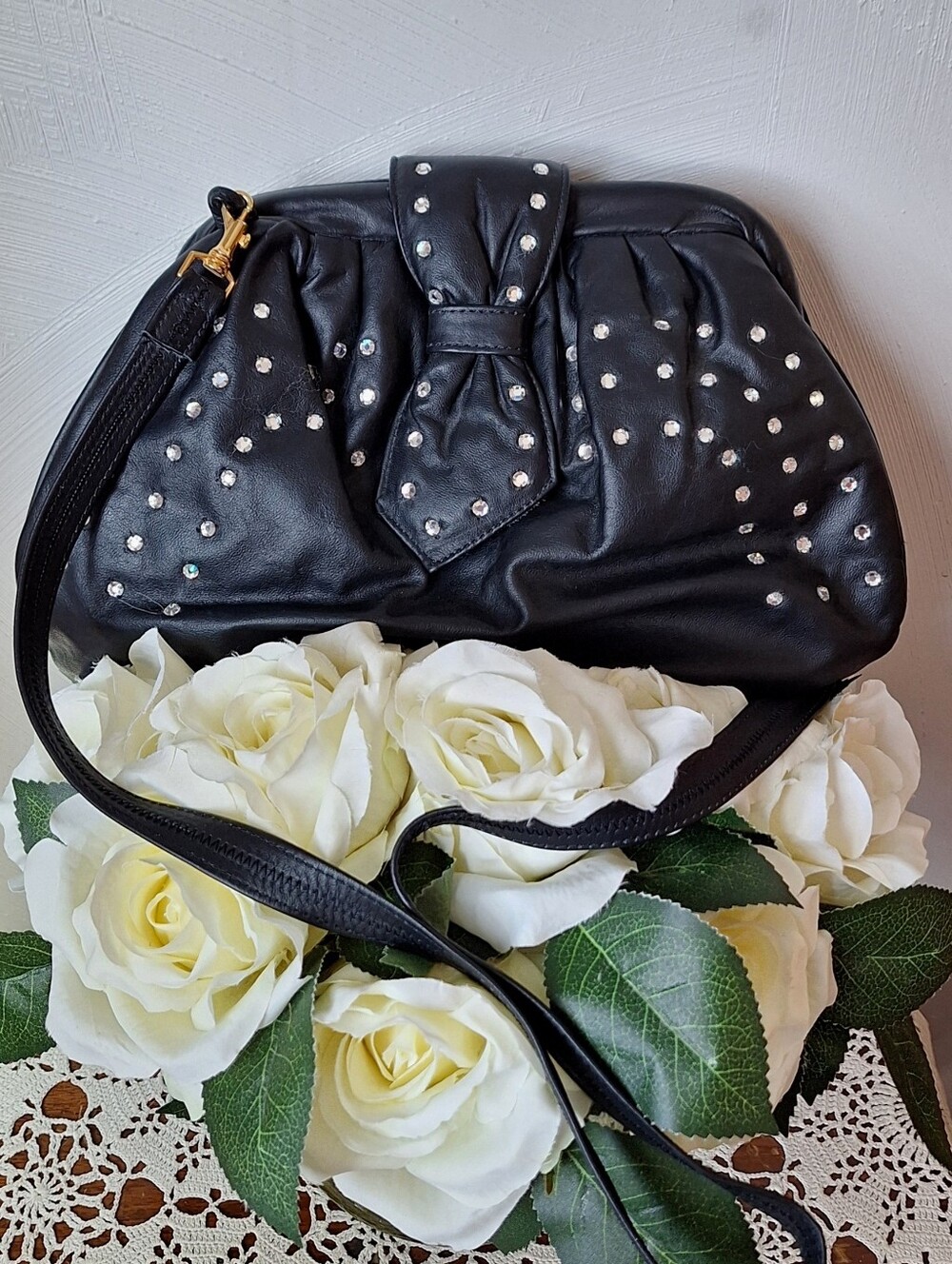 Lopez Camacho Vintage Leather & Rhinestone Convertible Crossbody To Clutch Bag